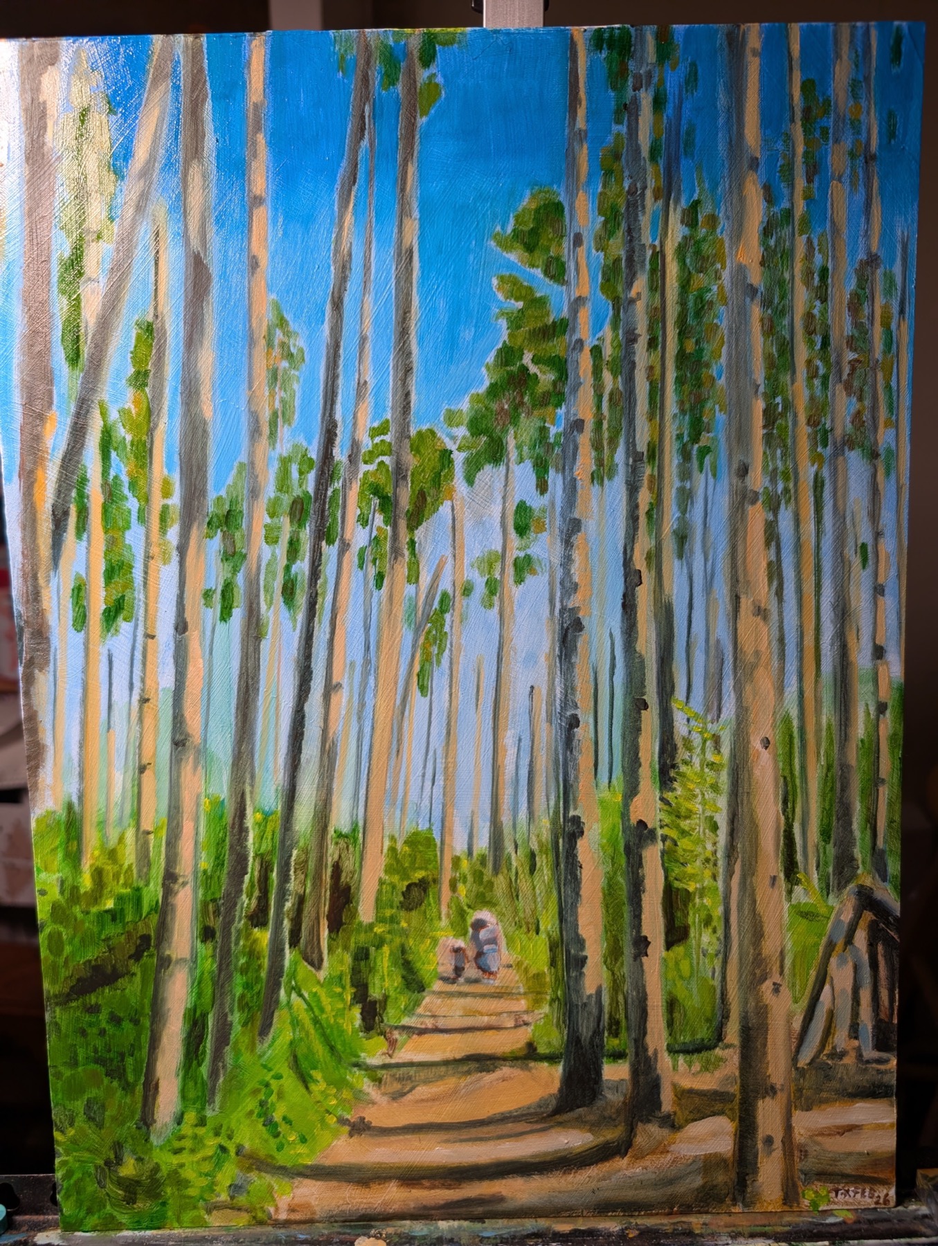A woodland painting with tall pale trunks, a sunlit path, and a saturated blue sky.